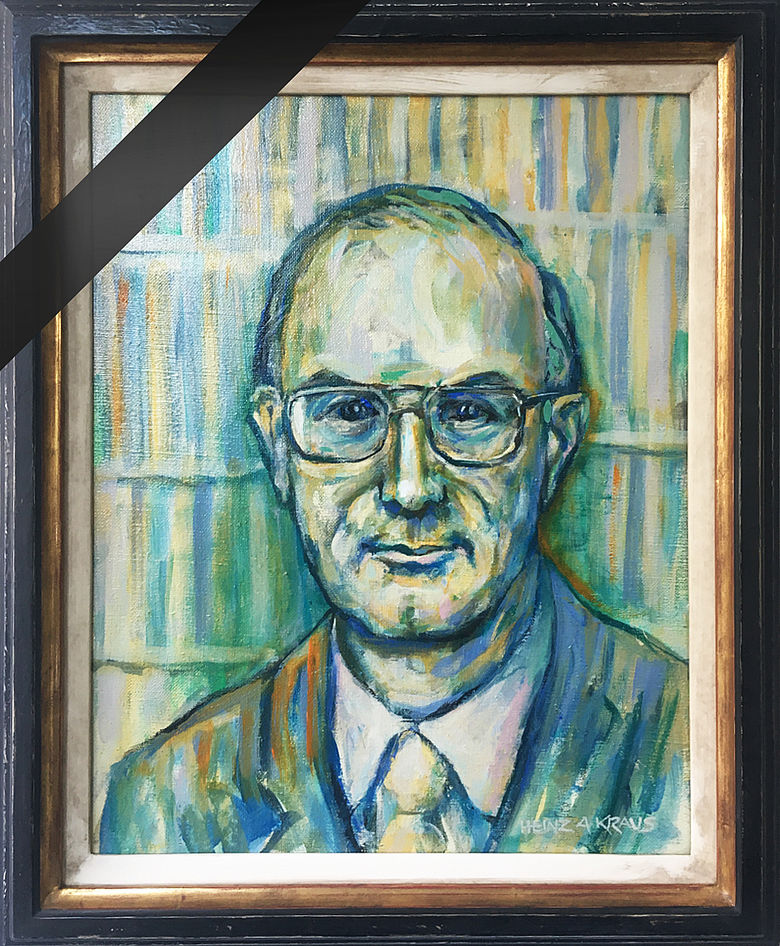 Portrait des Künstlers Heinz A. Kraus von Dr. Franz Josef Kühnen, ehemaliger Direktor von ZB MED, versehen mit einem Trauerflor.