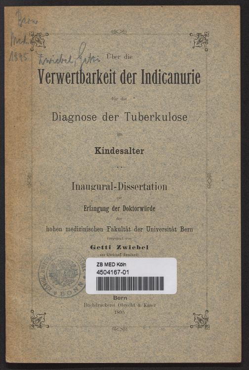 Foto des Titelblatts der historischen Dissertation von Getti Zwiebel.