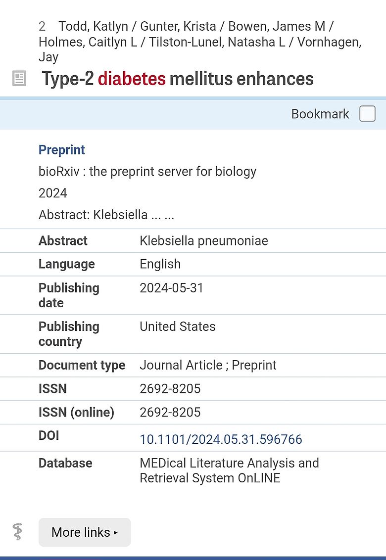 Screenshot eines Treffers in LIVIVO, der ein Preprint zeigt