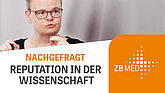 Dr. Jasmin Schmitz, Leiterin der Publikationsberatung von ZB&nbsp;MED auf dem Thumbnail des neuen NACHGEFRAGT-Videos im ZB&nbsp;MED-YouTube-Kanal. Titel: Reputation in der Wissenschaft.